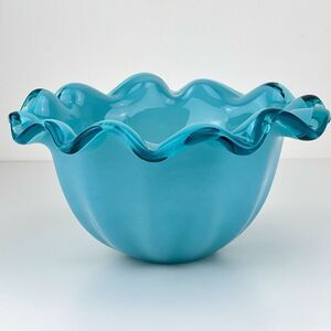 Vintage Turquoise Blue Murano Glass Scalloped Decorative Bowl Vase